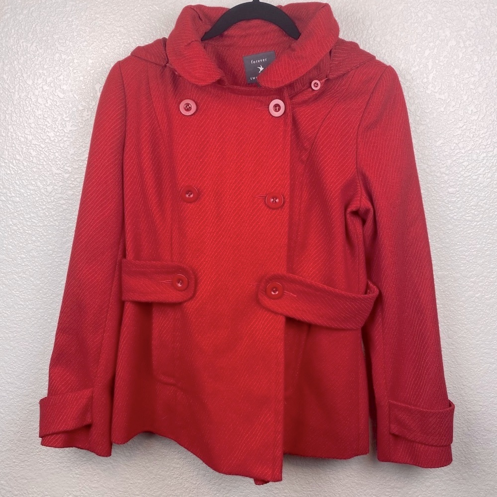 Like New Forever 21 Coat Red Double Breasted Hooded Peacoat Size Small